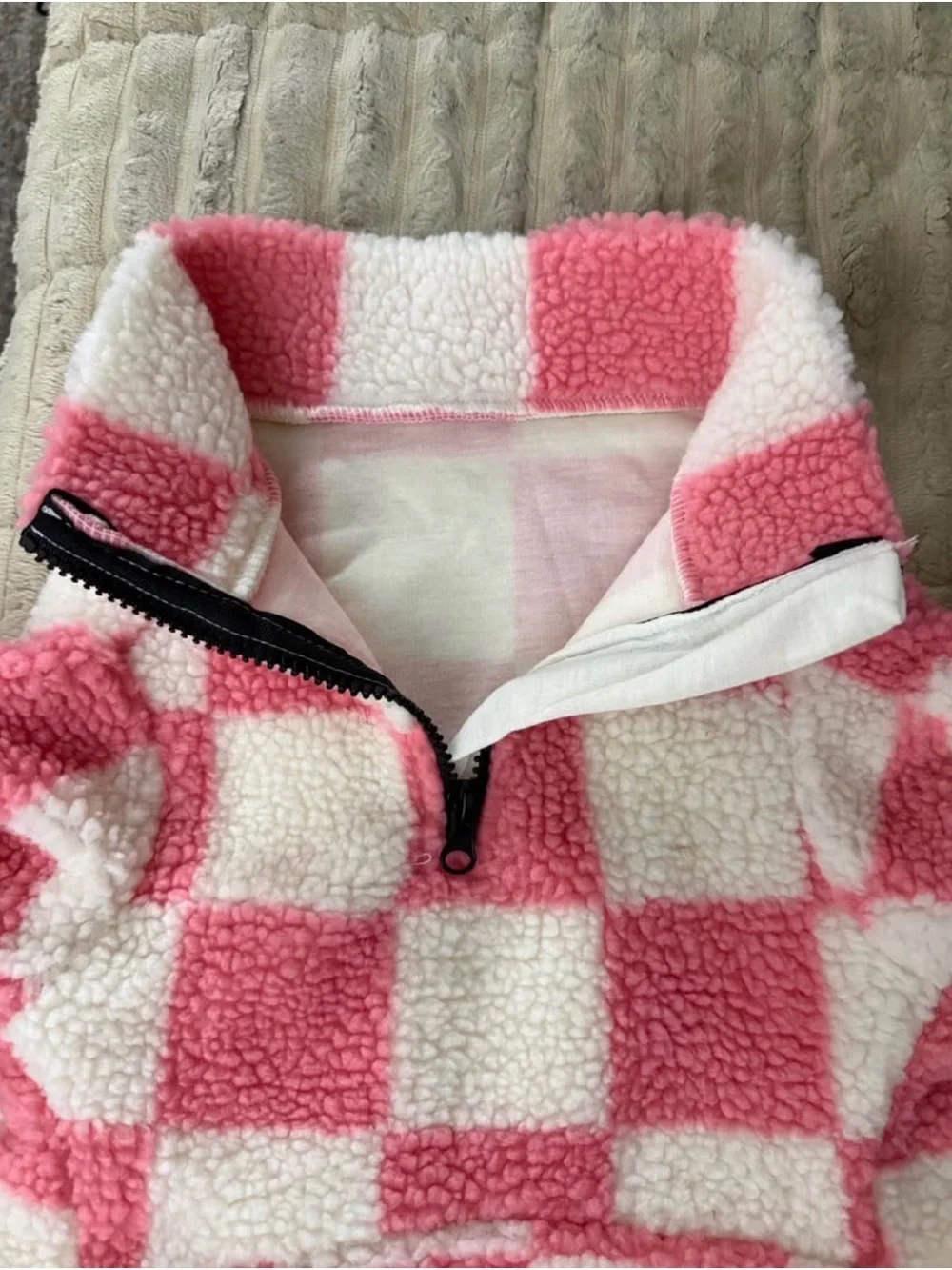 Size M Pink White Checkered Sherpa Dog Sweater